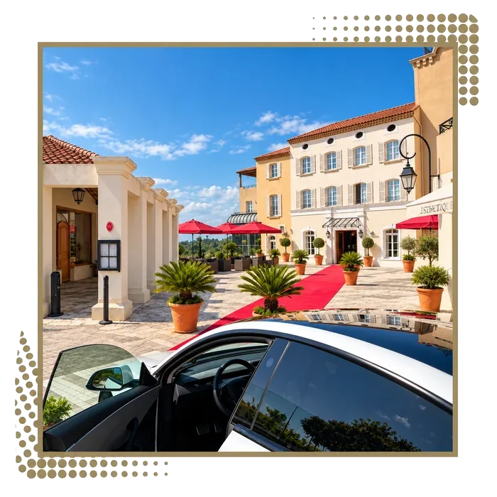 Sedan with one door open in front of a hotel