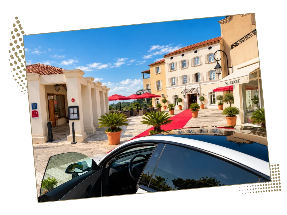Sedan with one door open in front of a hotel