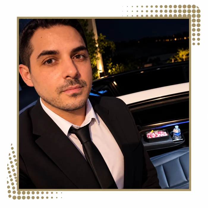Chauffeur en costume et cravate près d’un véhicule