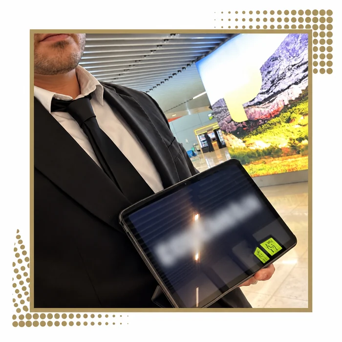 Chauffeur en costume tenant une tablette d’accueil dans un terminal