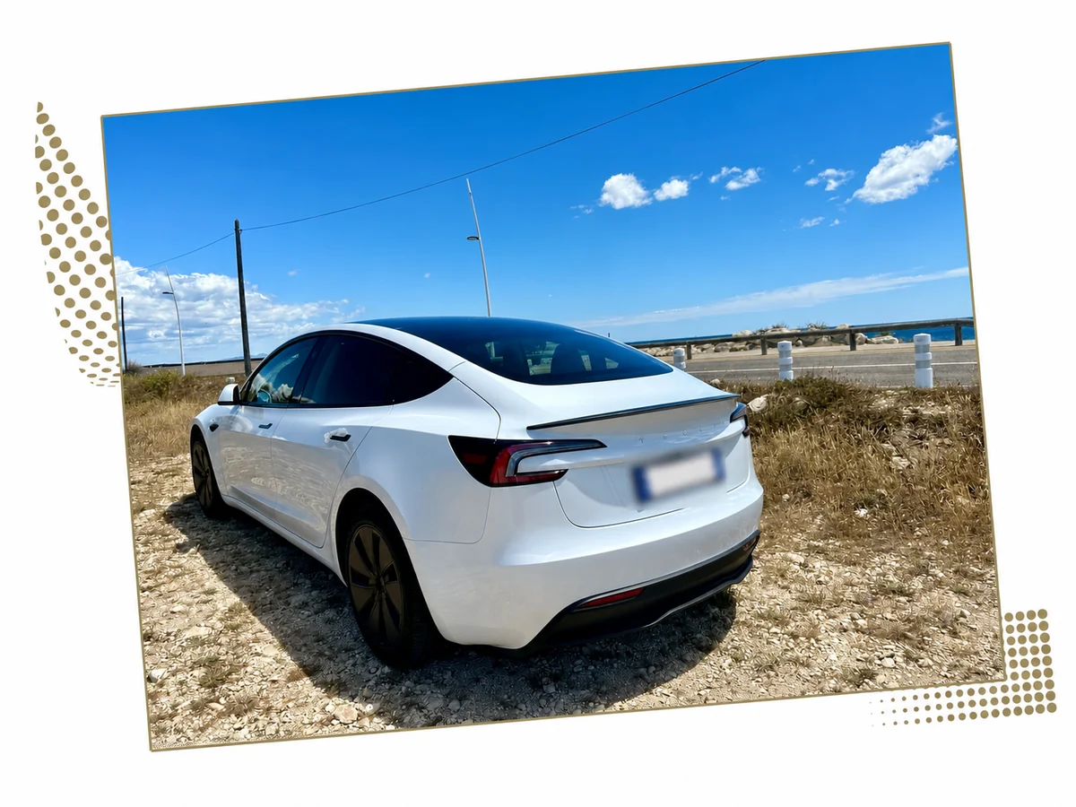 Vue arrière d’une Tesla Model 3 blanche près du littoral