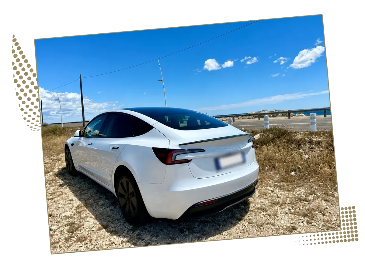 Rear view of a white Tesla Model 3 near the coast