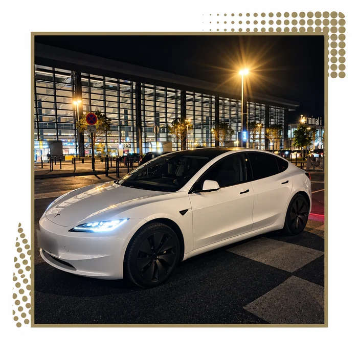 Tesla Model 3 blanche devant la façade vitrée d’un terminal de nuit