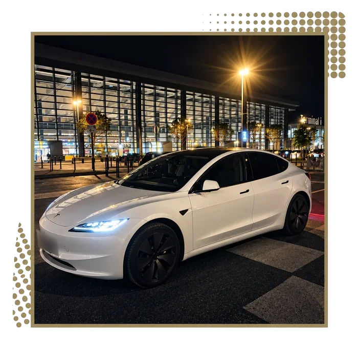 White Tesla Model 3 in front of the glass facade of a night terminal